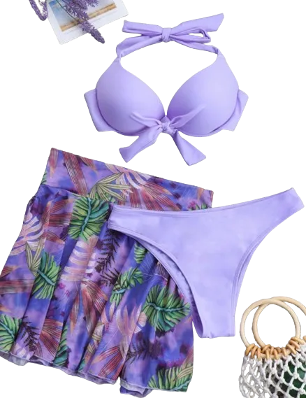 Purple Knot Push Up Bikini Swimsuit & Plant Print Beach Skirt