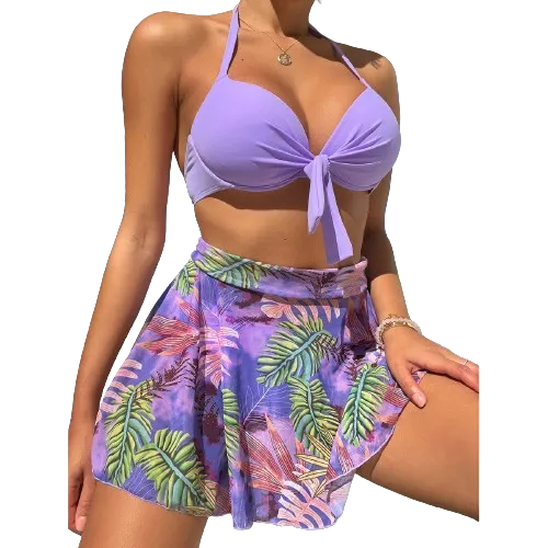 Purple Knot Push Up Bikini Swimsuit & Plant Print Beach Skirt