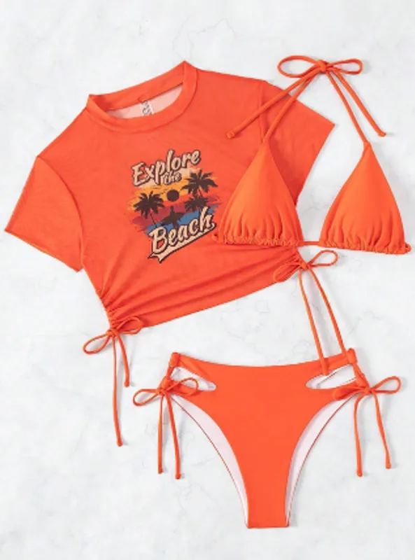 Swim Sunset Print Cami Three Piece Swimsuit Orange