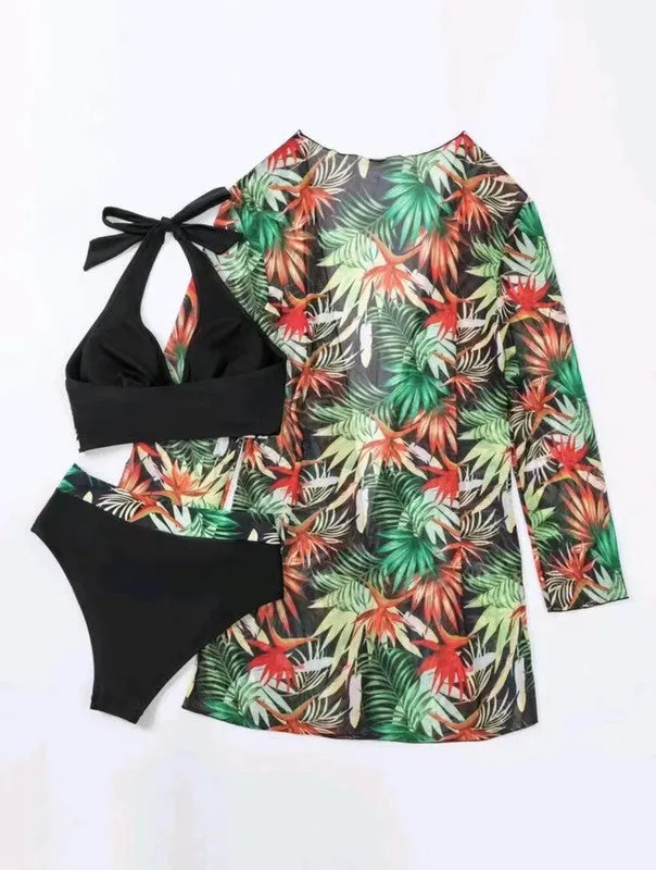 Swim Tropical Print Halter Bikini Swimsuit With Kimono Black