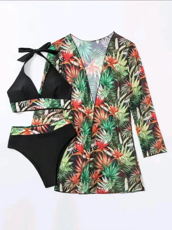 Swim Tropical Print Halter Bikini Swimsuit With Kimono Black