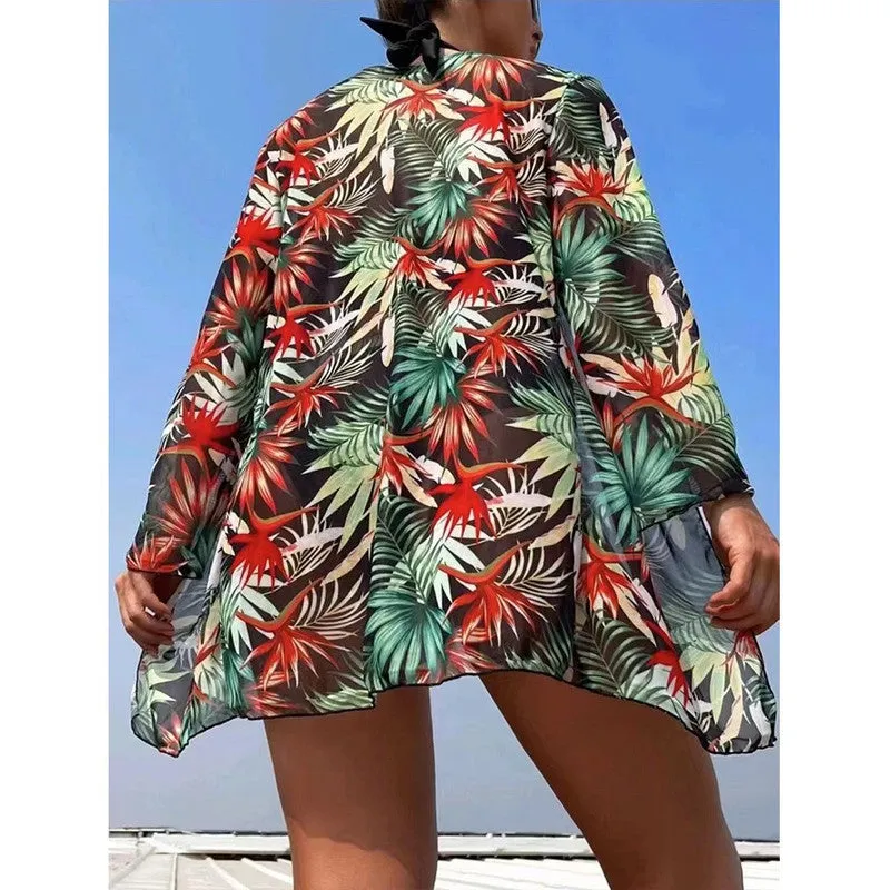 Swim Tropical Print Halter Bikini Swimsuit With Kimono Black