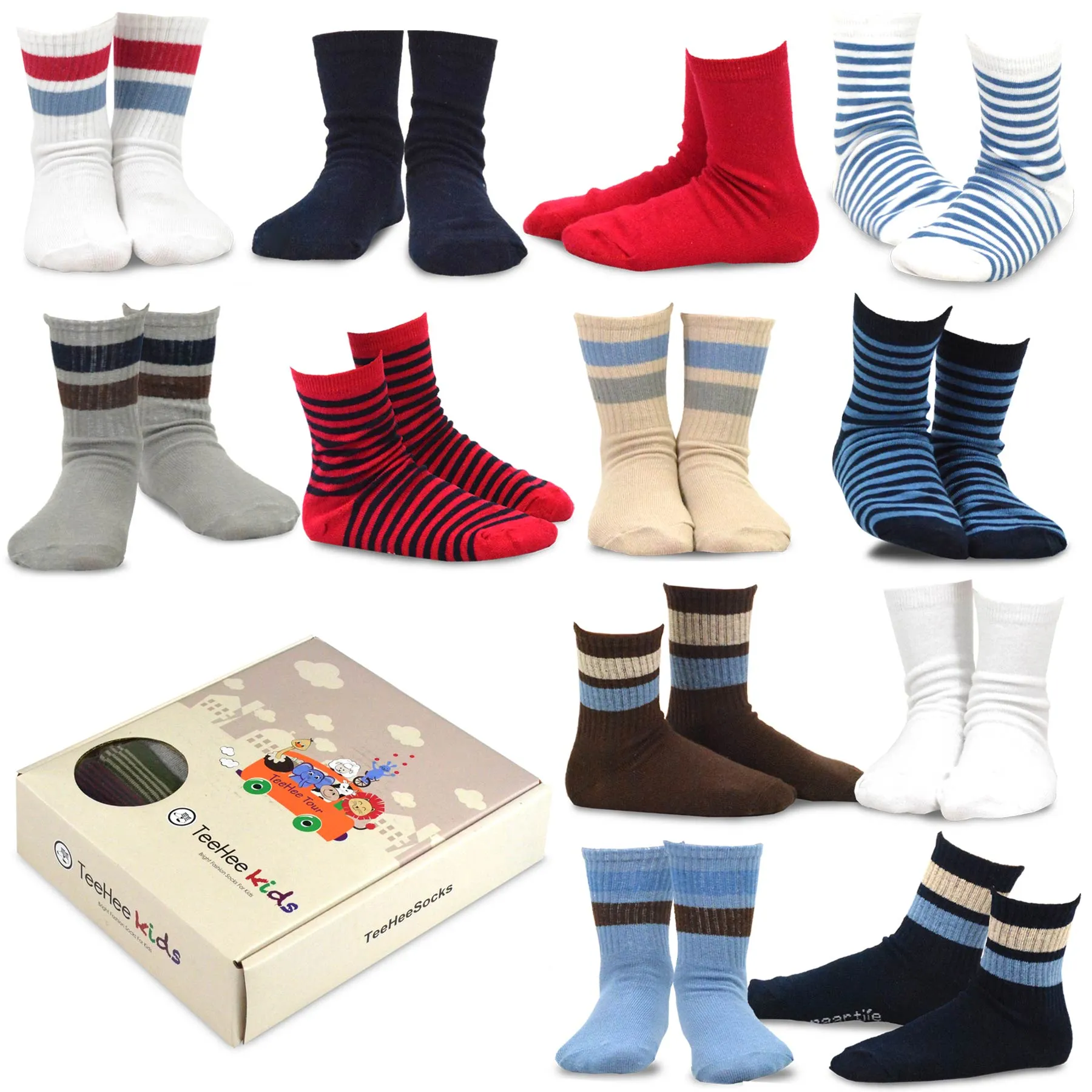 TeeHee Socks Kid's Casual Cotton Short Crew Bright Stripe 12-Pack Gift Box (70054B)
