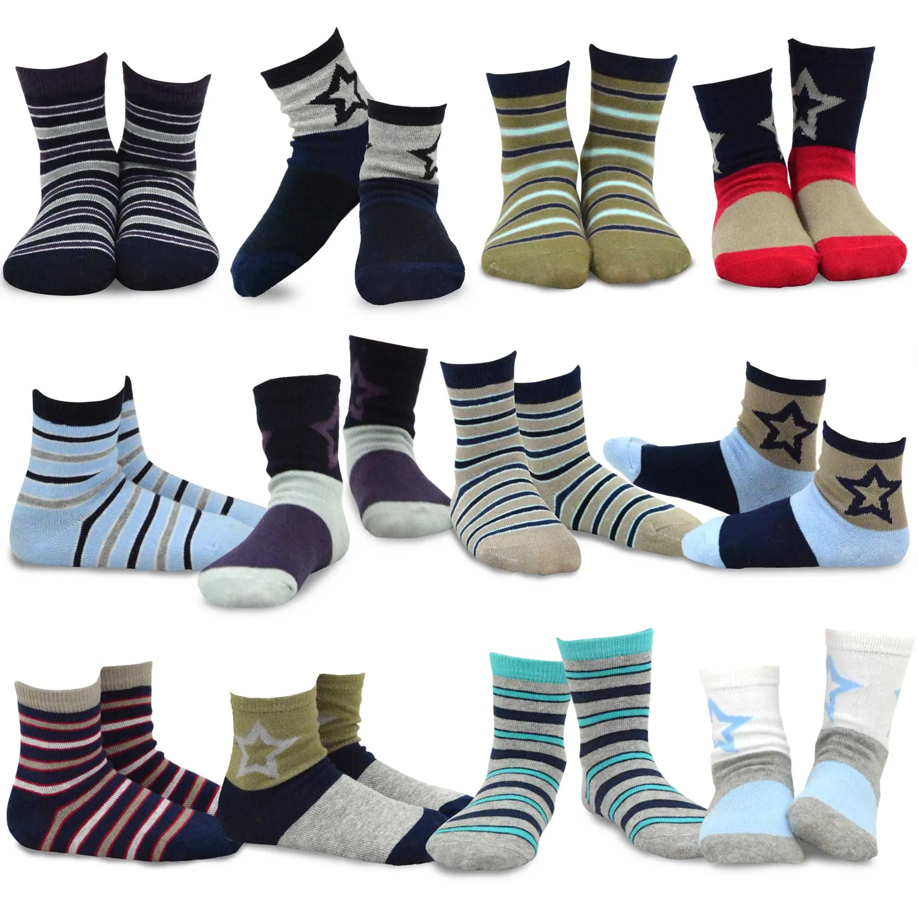 TeeHee Socks Kid's Casual Cotton Short Crew Stripes/Big Star 12-Pack Gift Box (70877)