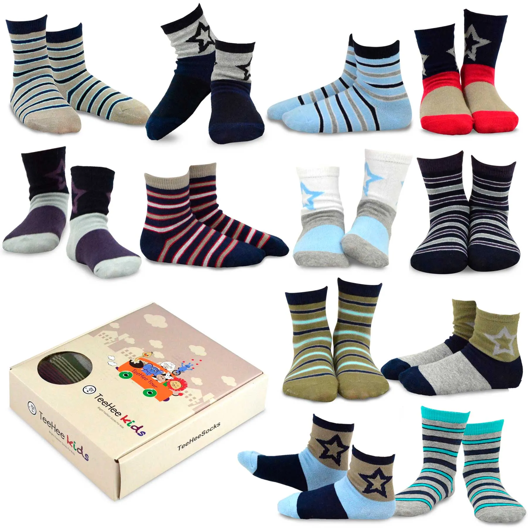 TeeHee Socks Kid's Casual Cotton Short Crew Stripes/Big Star 12-Pack Gift Box (70877)